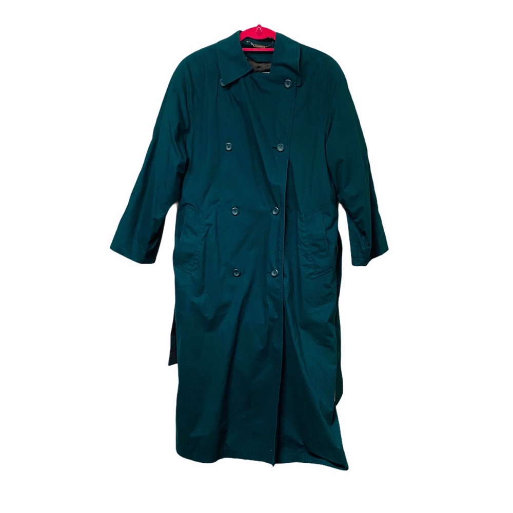 London Fog Teal Green Long Trench Coat Vent Back